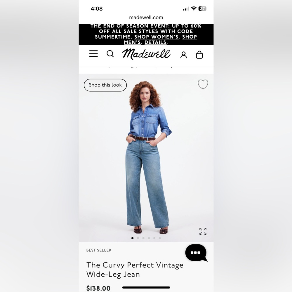 Madewell The Curvy Perfect Vintage Wide-Leg Jean. Size 29
